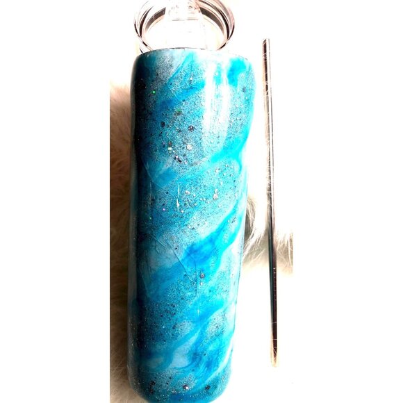 Alcohol Ink Tumbler Blue White & Glitter Swirl Stainless Cup Lid & Straw - Picture 9 of 12